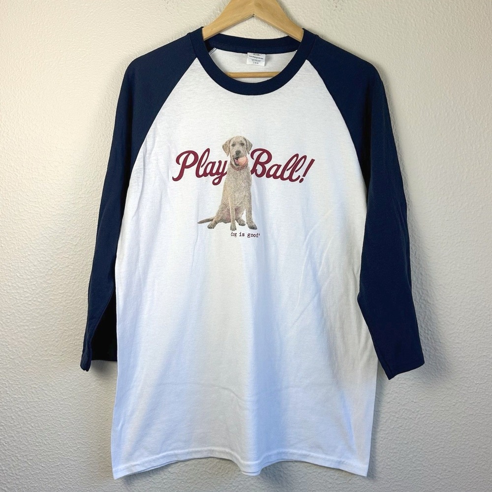 Dog is Good Baseball Tee Mens Large White Navy Excellent Raglan 3/4 Sleeve Shirt